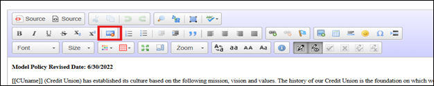 Editor with HTML (formatting) icon highlighted in a red box